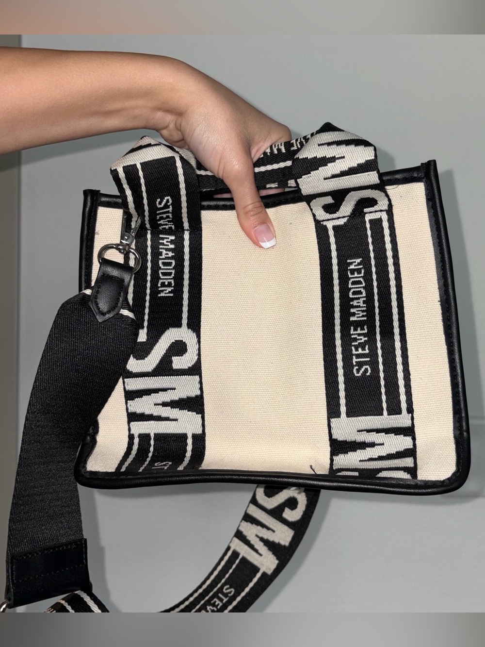 Steve Madden Black & Cream Branded Canvas Shoulder Bag
